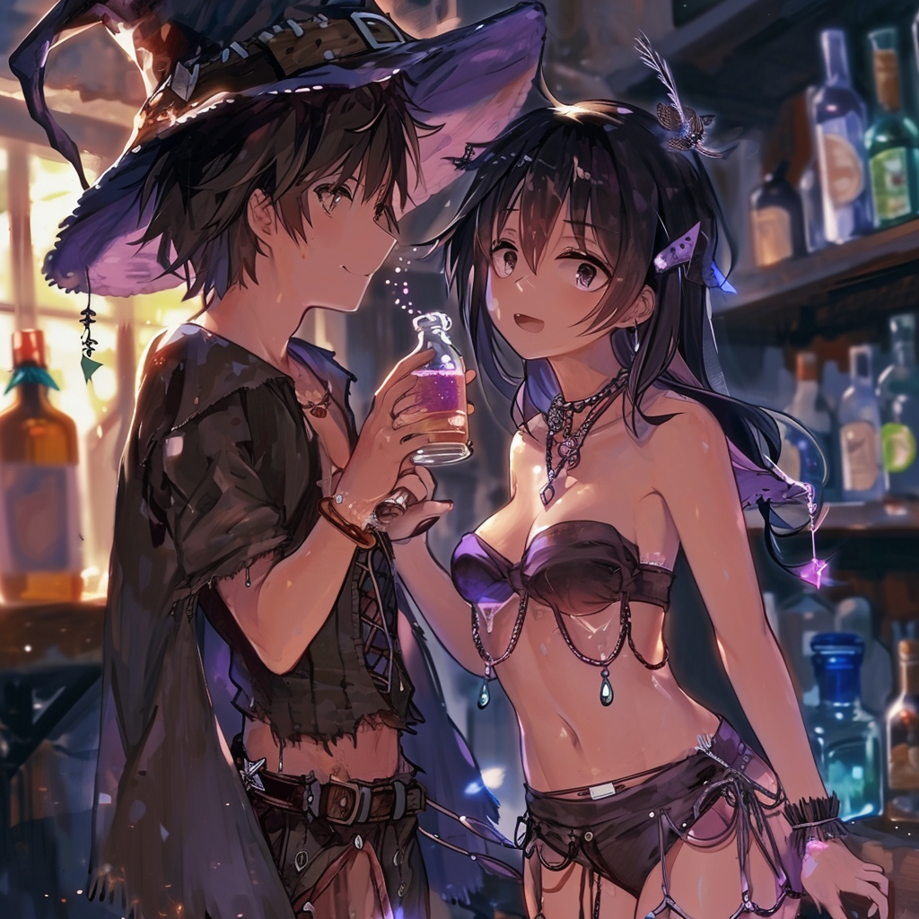 Cute anime witch girl and potion