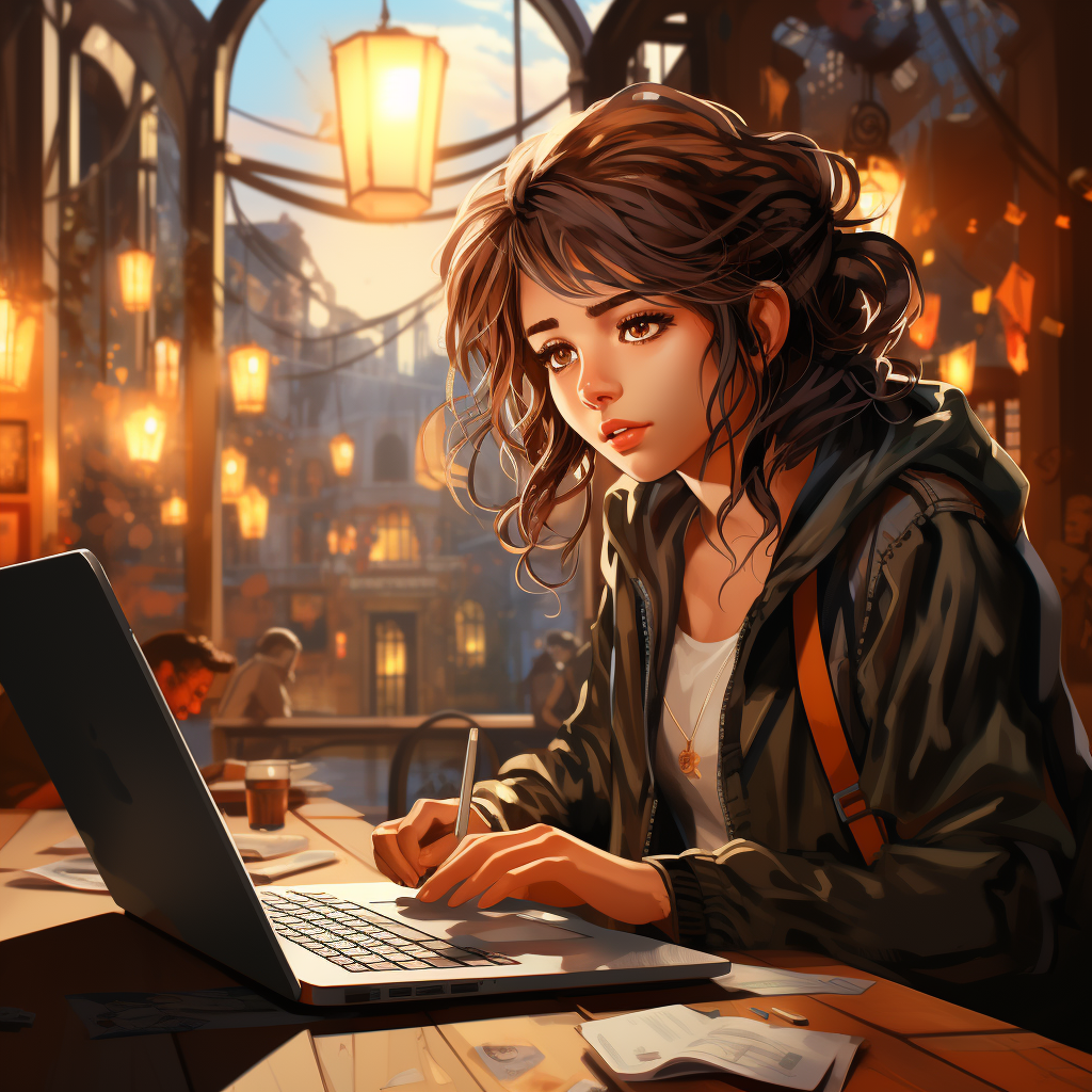 Young woman searching on laptop in cafe ?