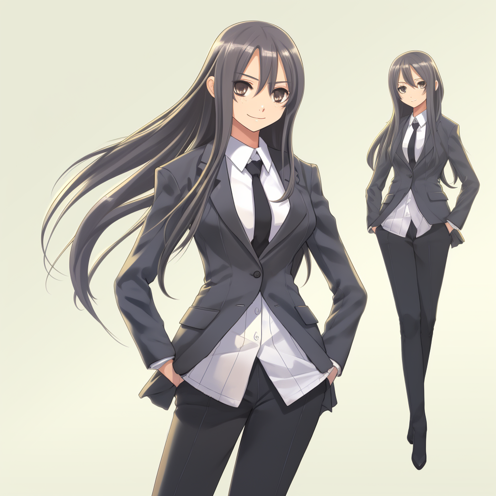 Anime woman office worker in black suit smiling