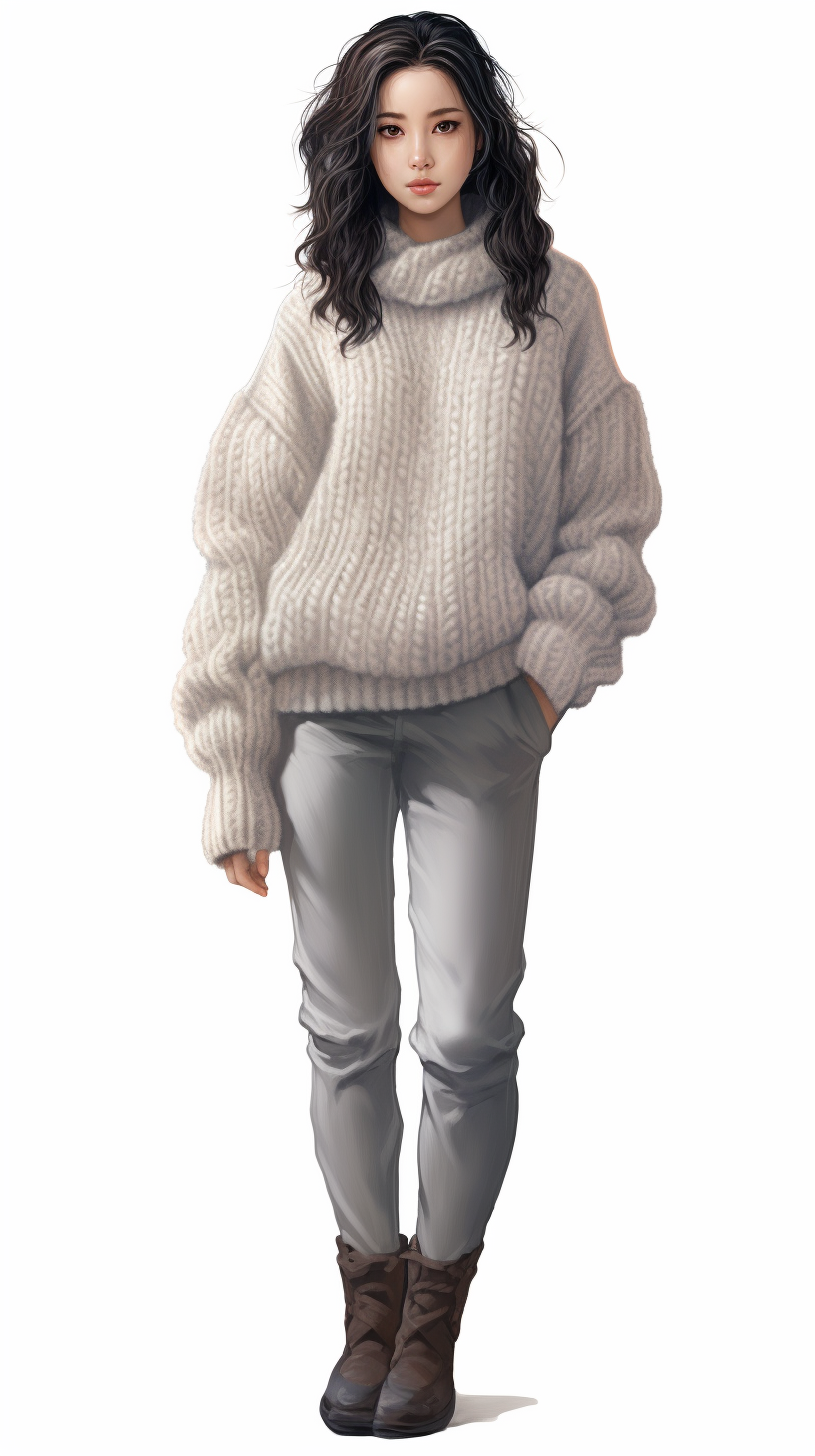 Beautiful anime woman smiling in knitted set