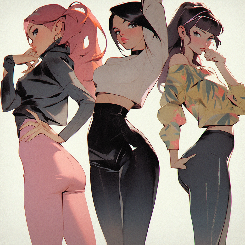 Three young women in expressive anime artwork