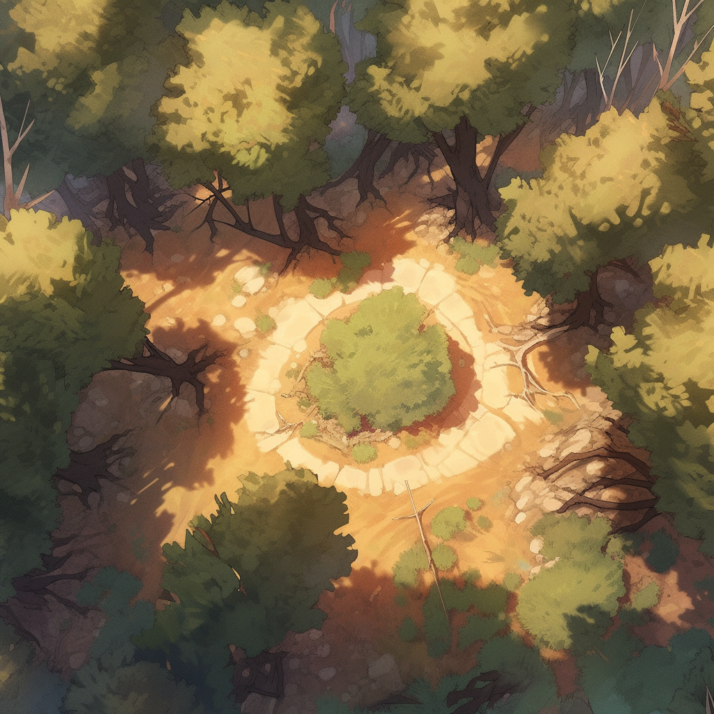 Aerial view of an anime-style forest with sunlight