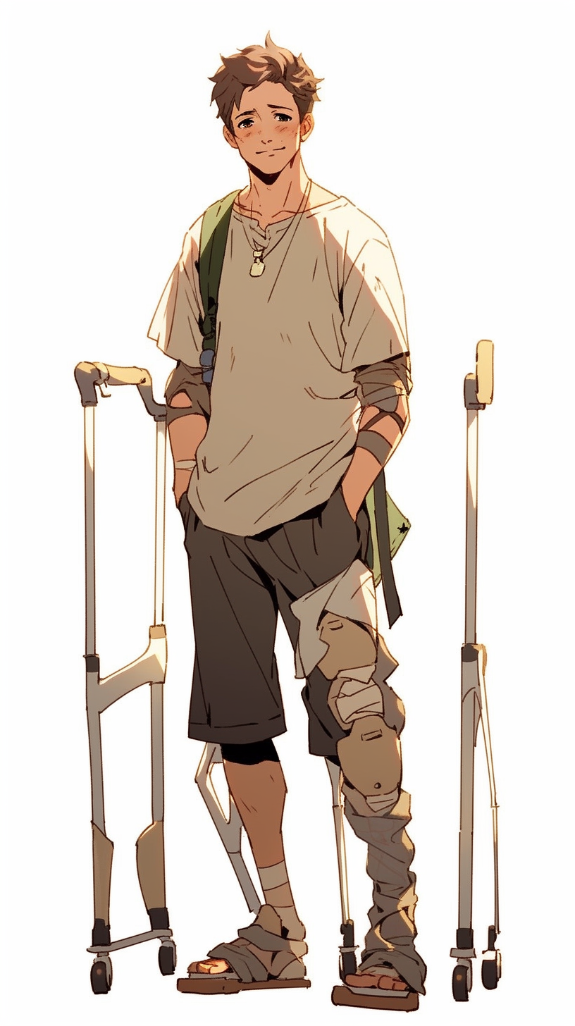 Smiling anime young man on crutches