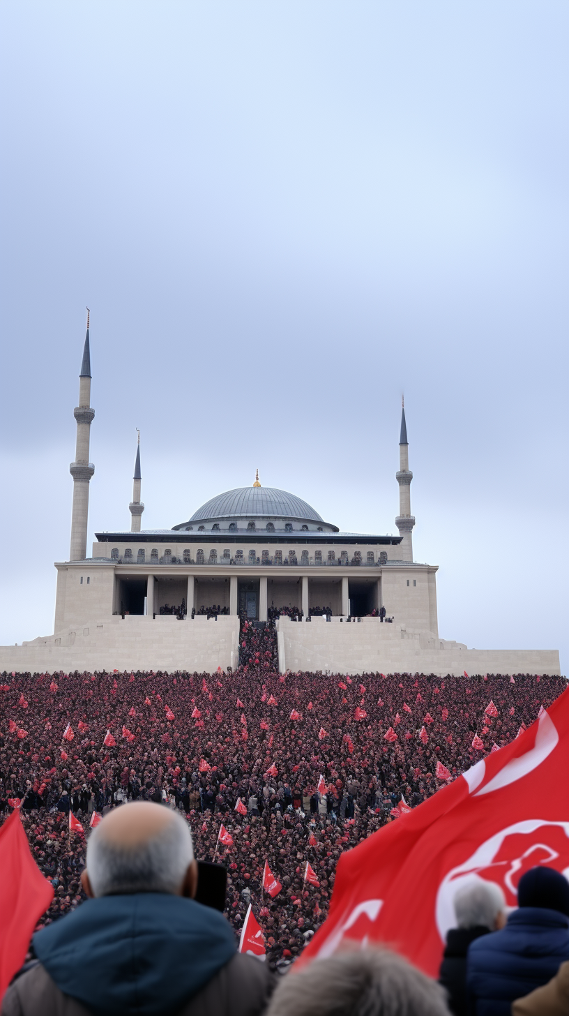 Crowd standing still, grayscale Anıtkabir flag