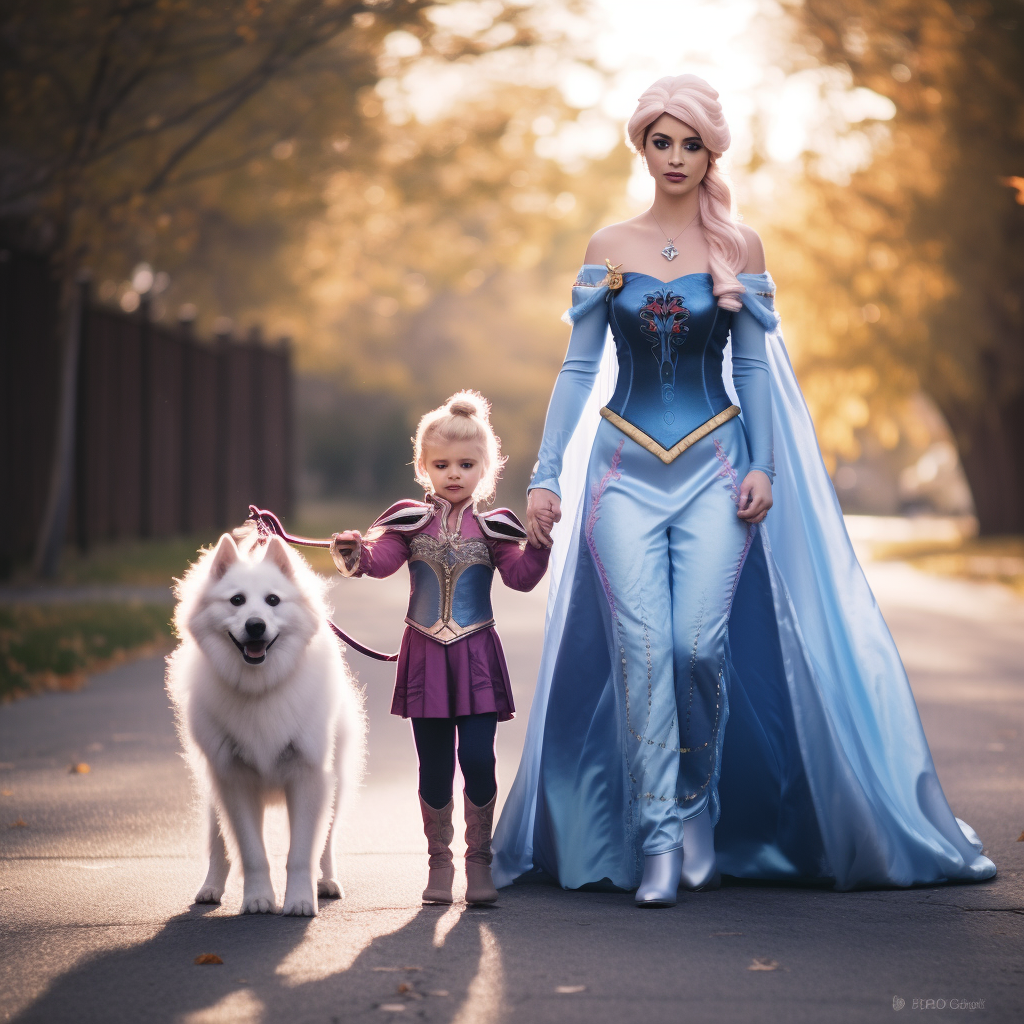 Anna and Elsa in princess costumes walking with dog