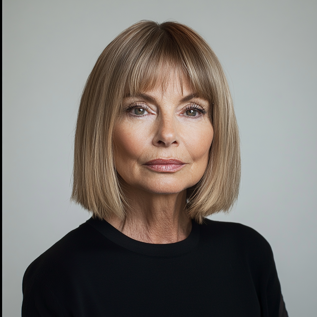 anna wintour in black shirt on white glass.