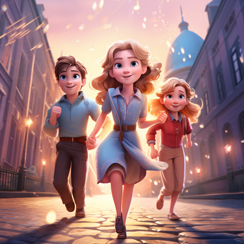 Disney characters Anna, Elsa, and Chase walking as kids