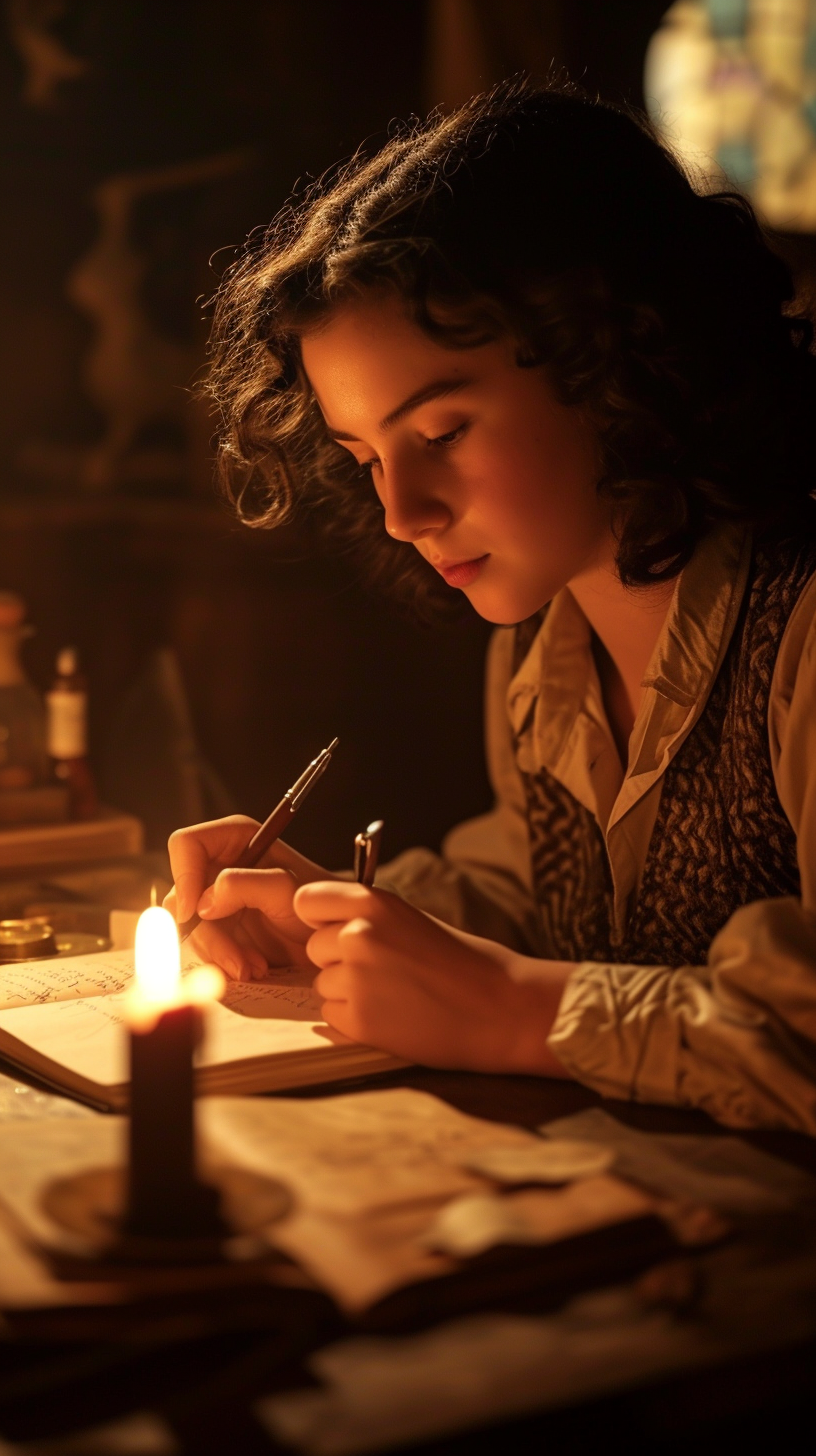 Anne Frank writing in her diary by candlelight