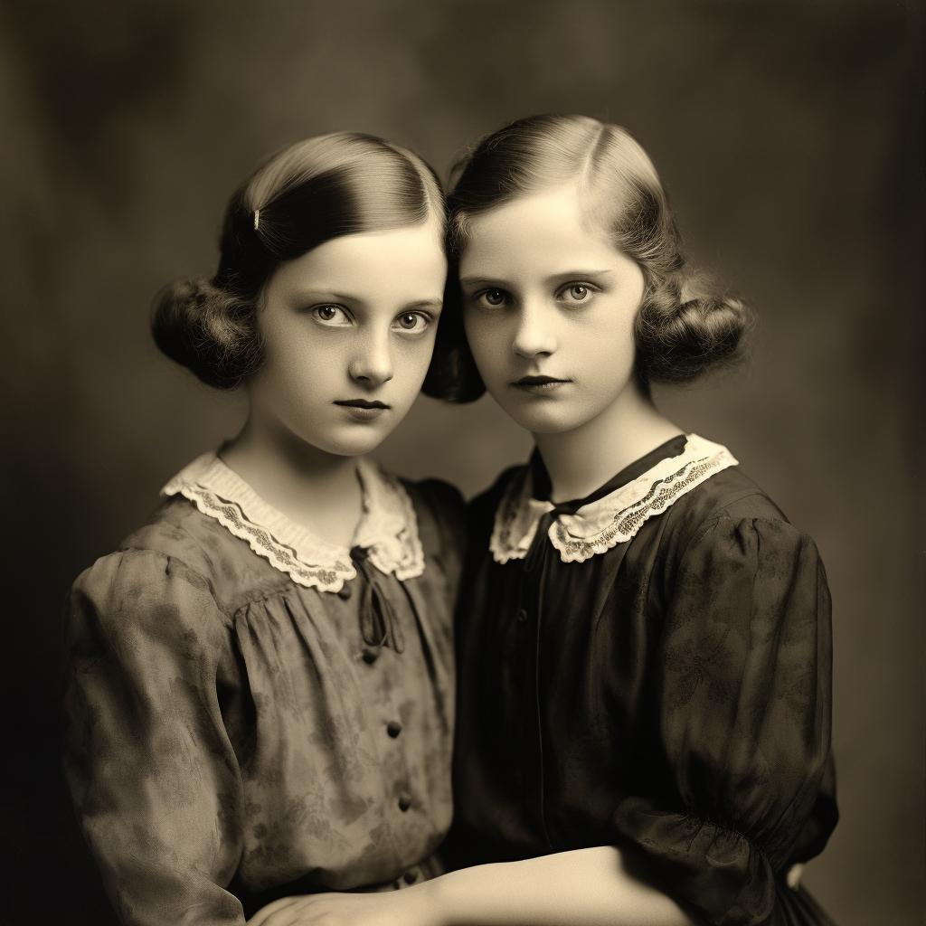 Studio photograph of grammar school-age sisters Anne & Maye