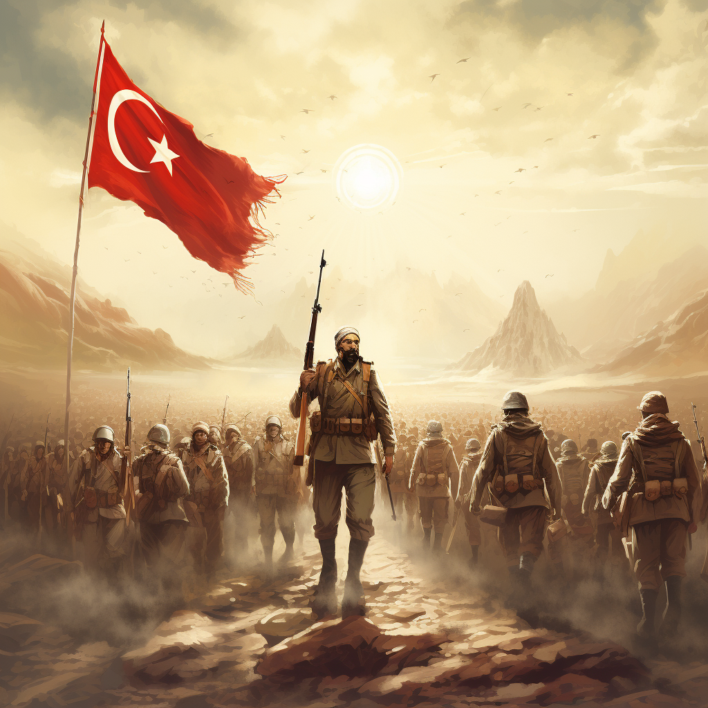 Turkish soldiers walking towards the horizon with pride