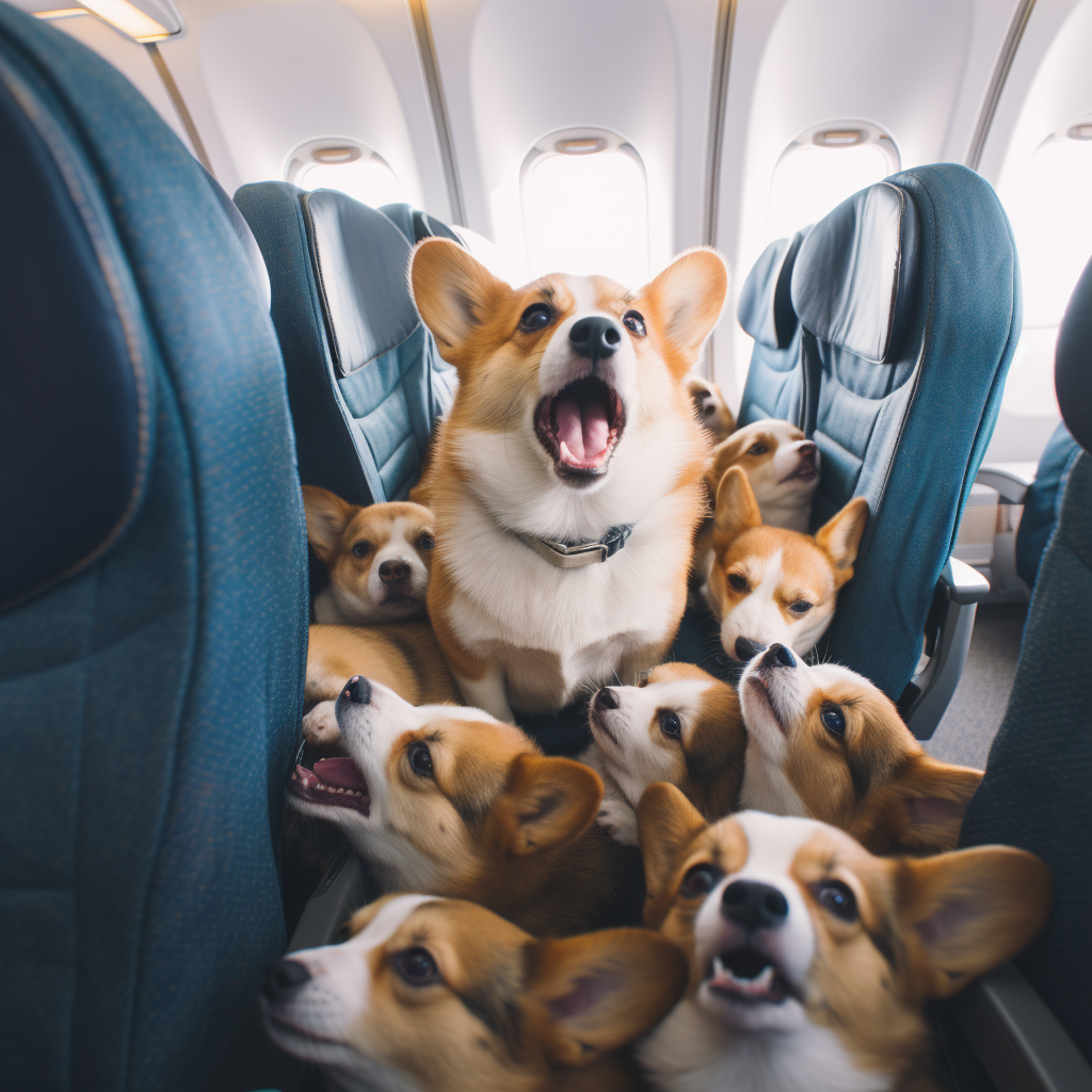 Annoyed corgi on a plane with crying babies