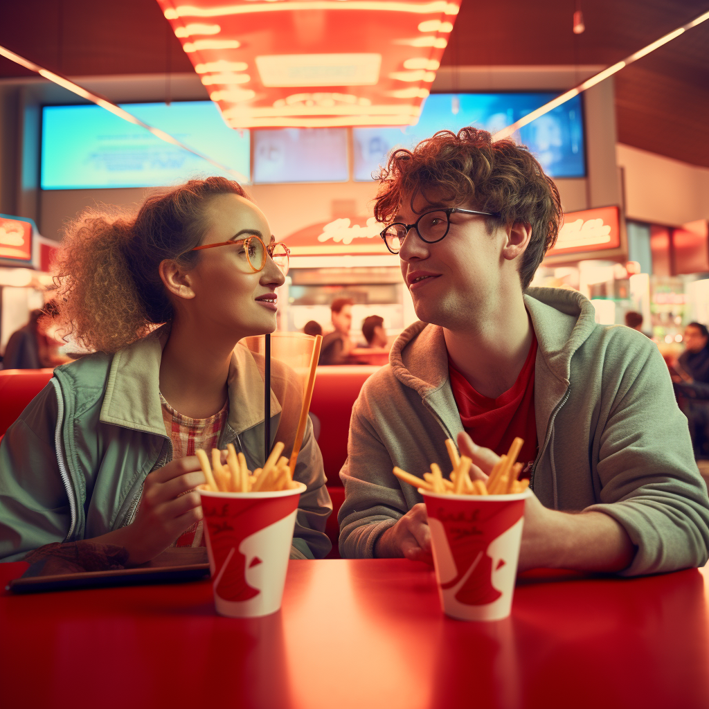 Annoyed couple arguing at fast food restaurant