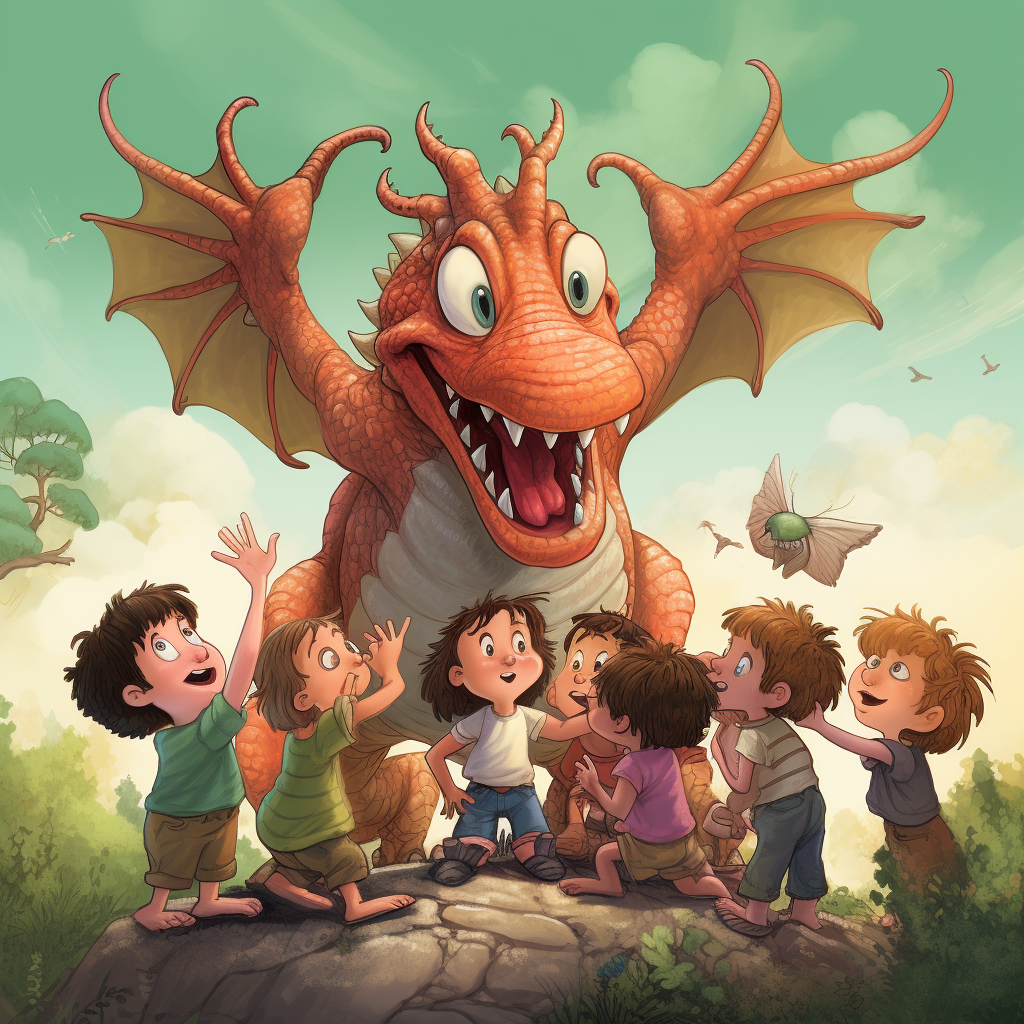 Annoyed Dragon with Children Touching Him