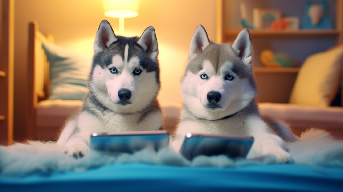 Two Husky Dogs with Smartphones