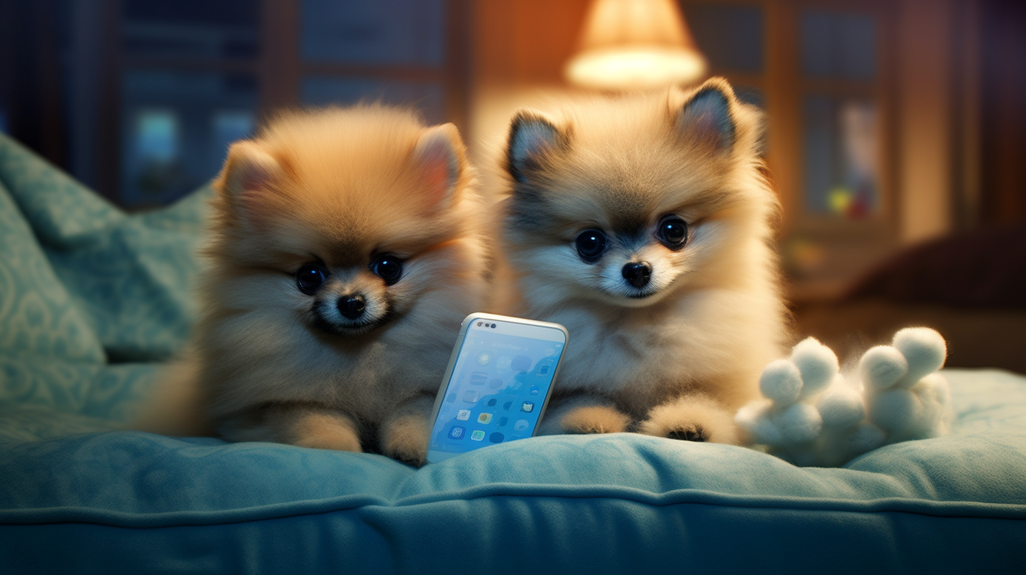 Two annoyed Pomeranian dogs with smartphones