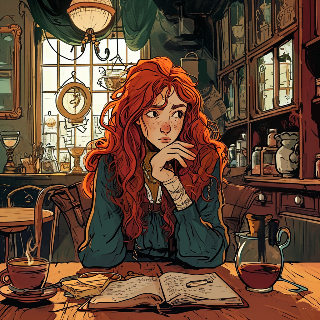 Annoyed red-haired female halfling wizard in coffee house with spellbook