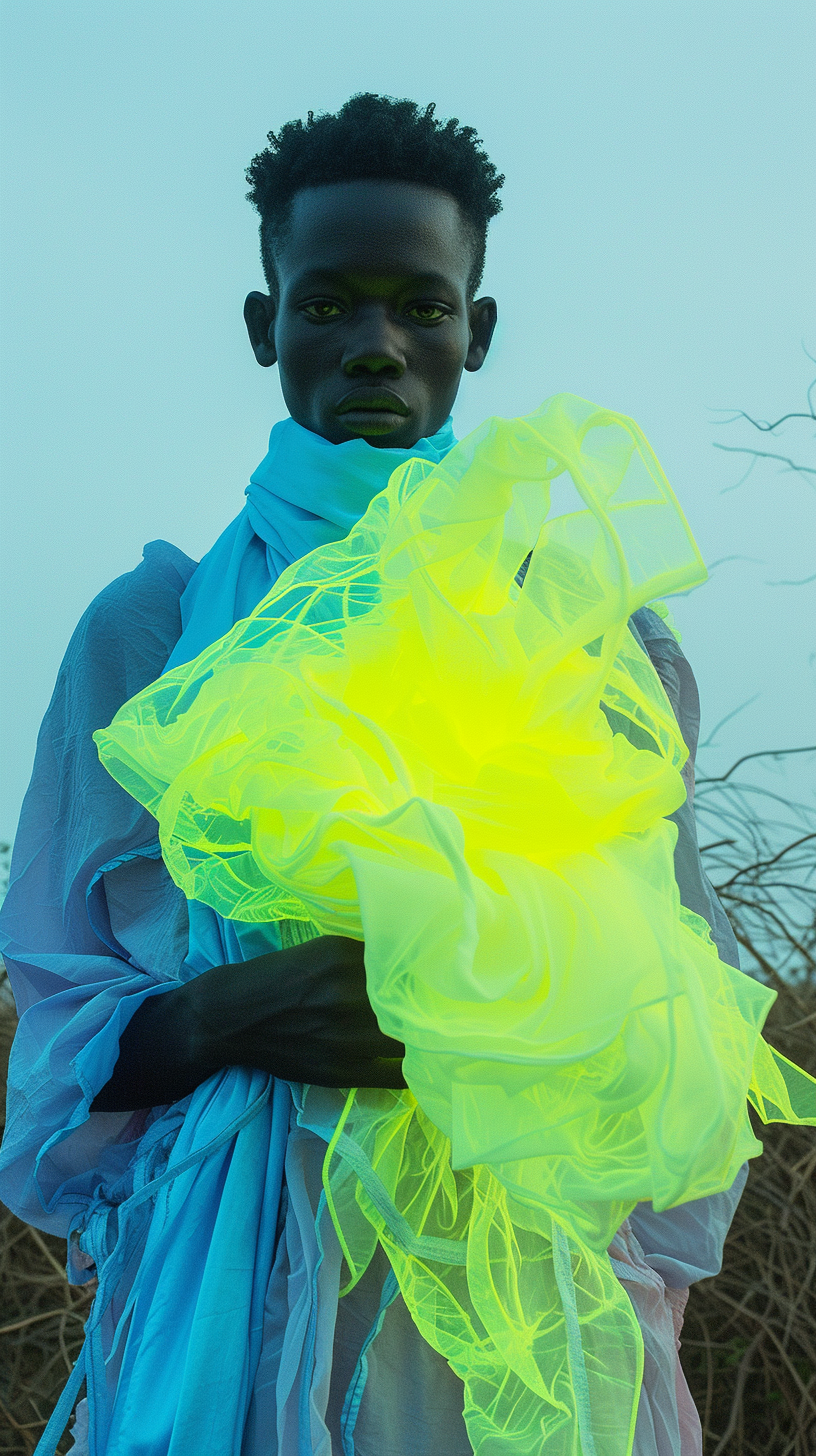 Anorectic person wearing blue scarf shirt and yellow neon