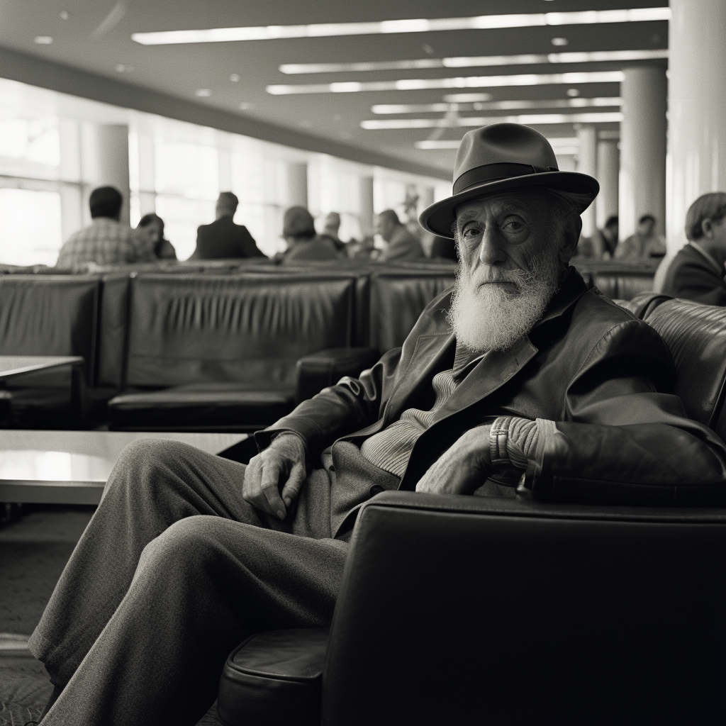 Ansel Adams sitting in airport lounge