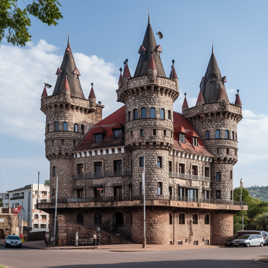 Imposing stone building with gray roof and towers