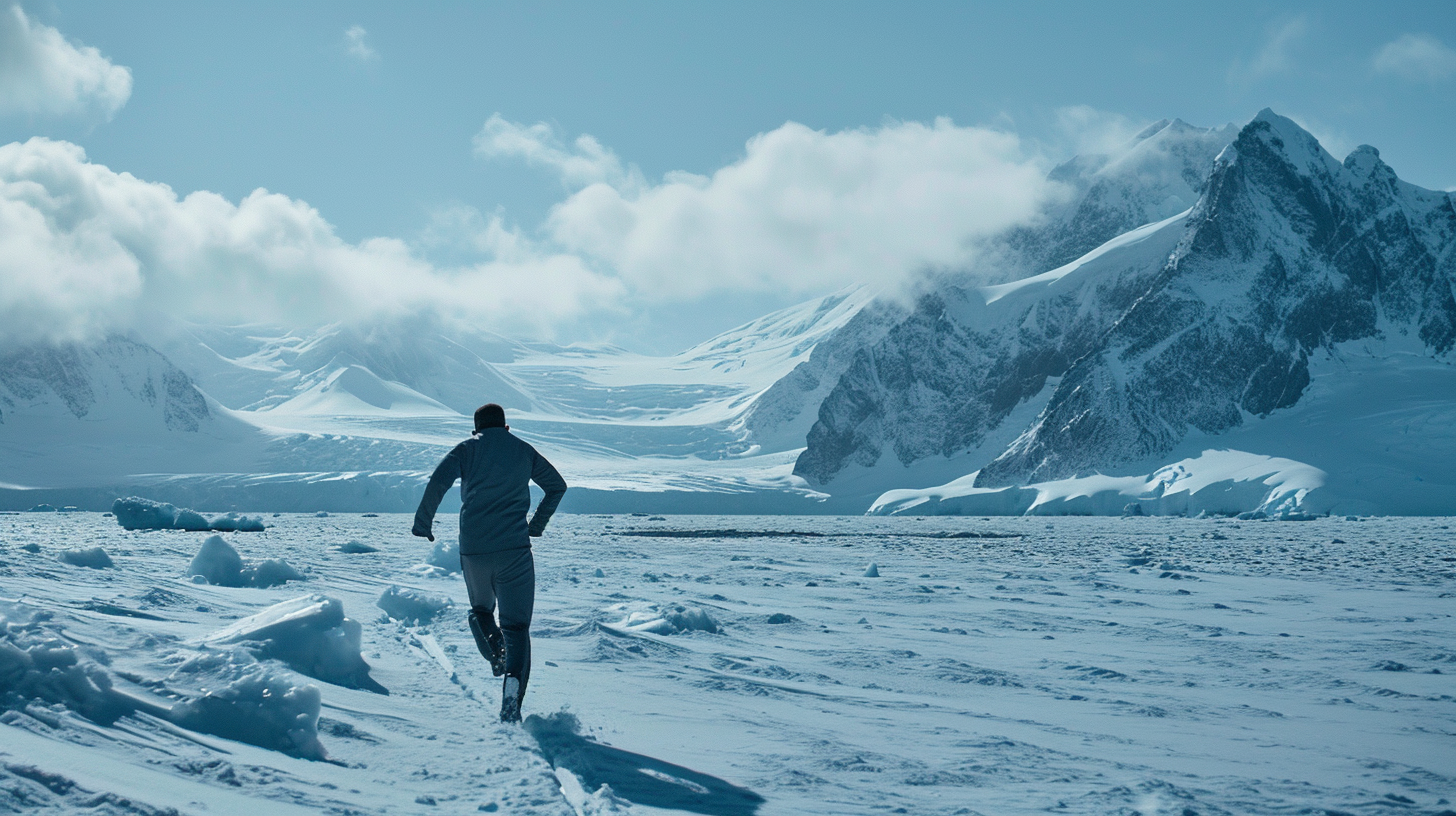 Man running away from horizon in Antarctica