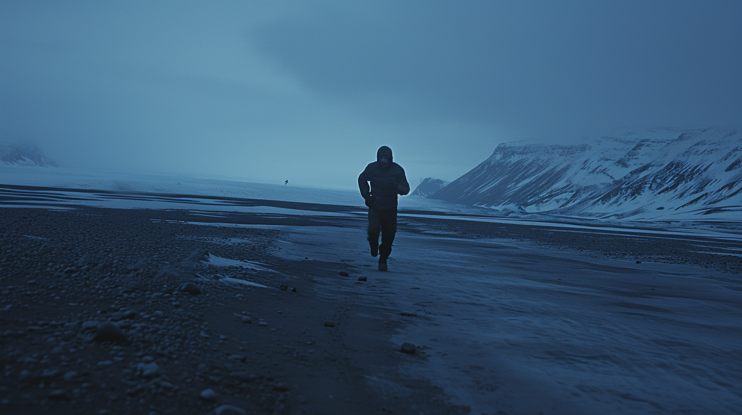 Man running in Antarctica in terror