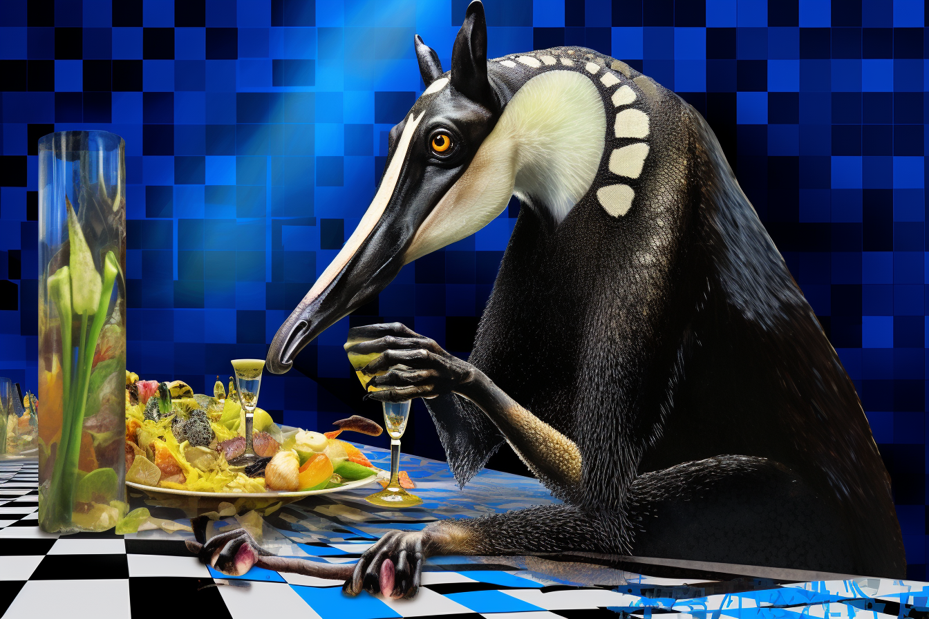 Anteater queen eating black sock against vibrant rainy background