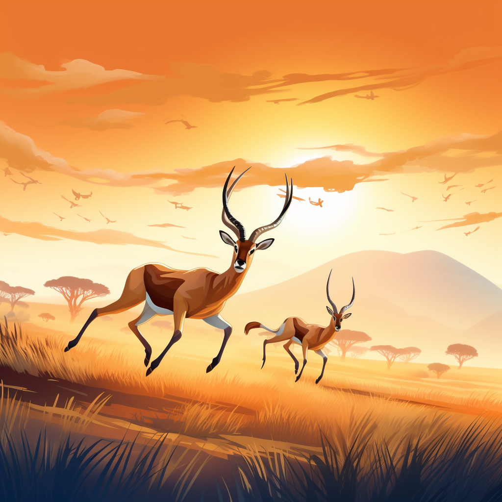 Fleeing antelopes in beautiful landscape