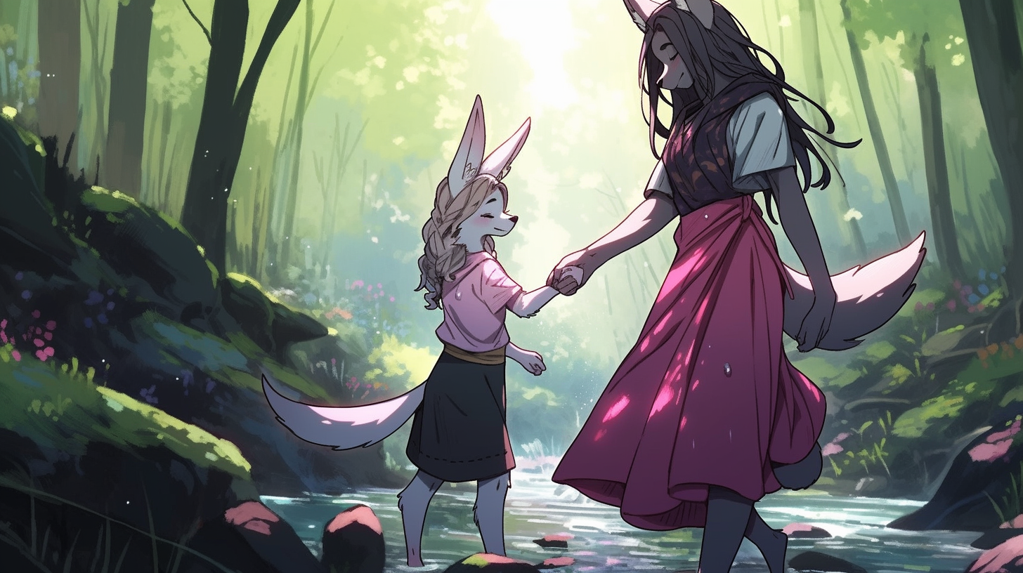 Cute anthro female wolf and bunny in forest