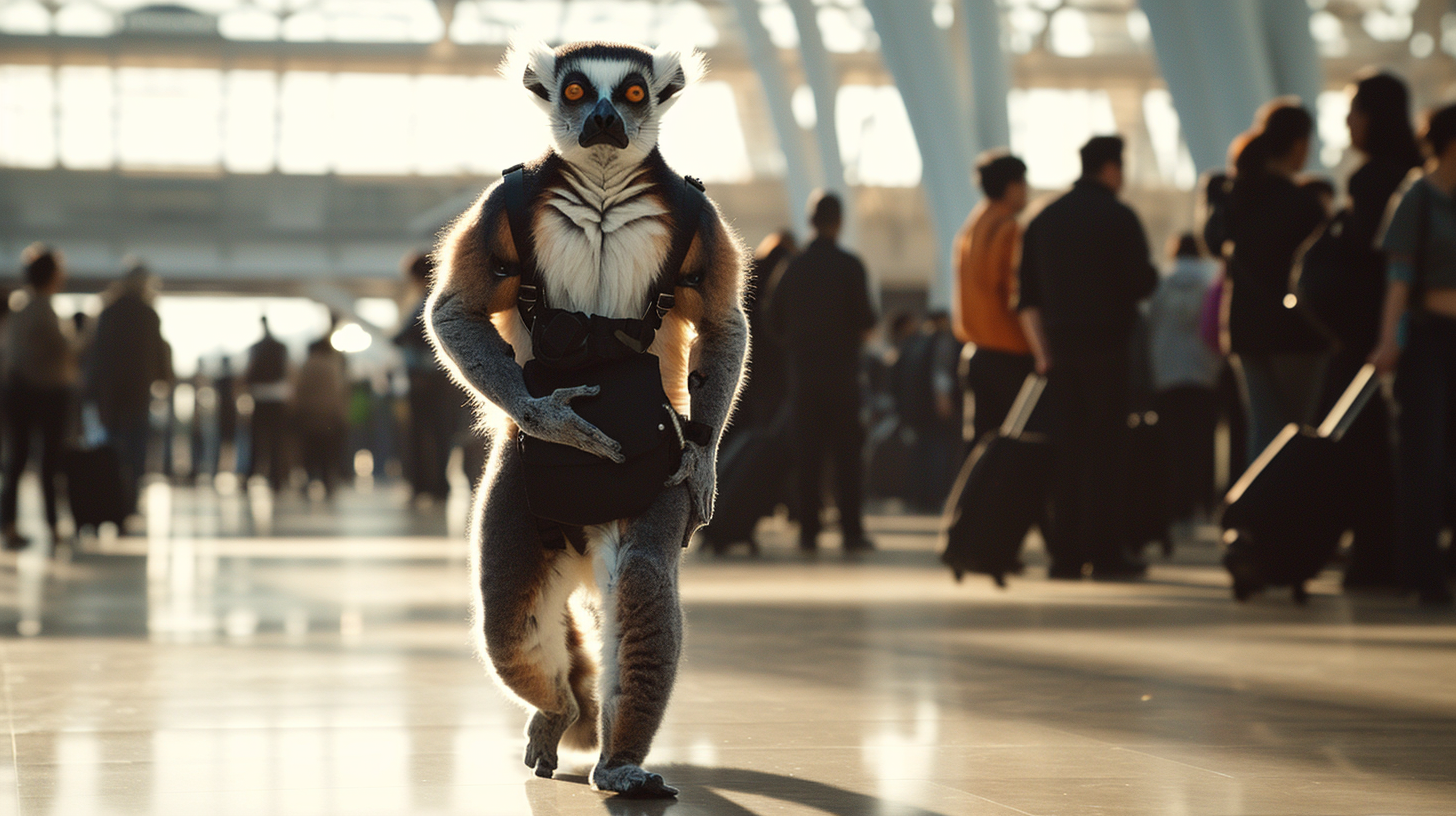 Anthro lemur walking in airport environment