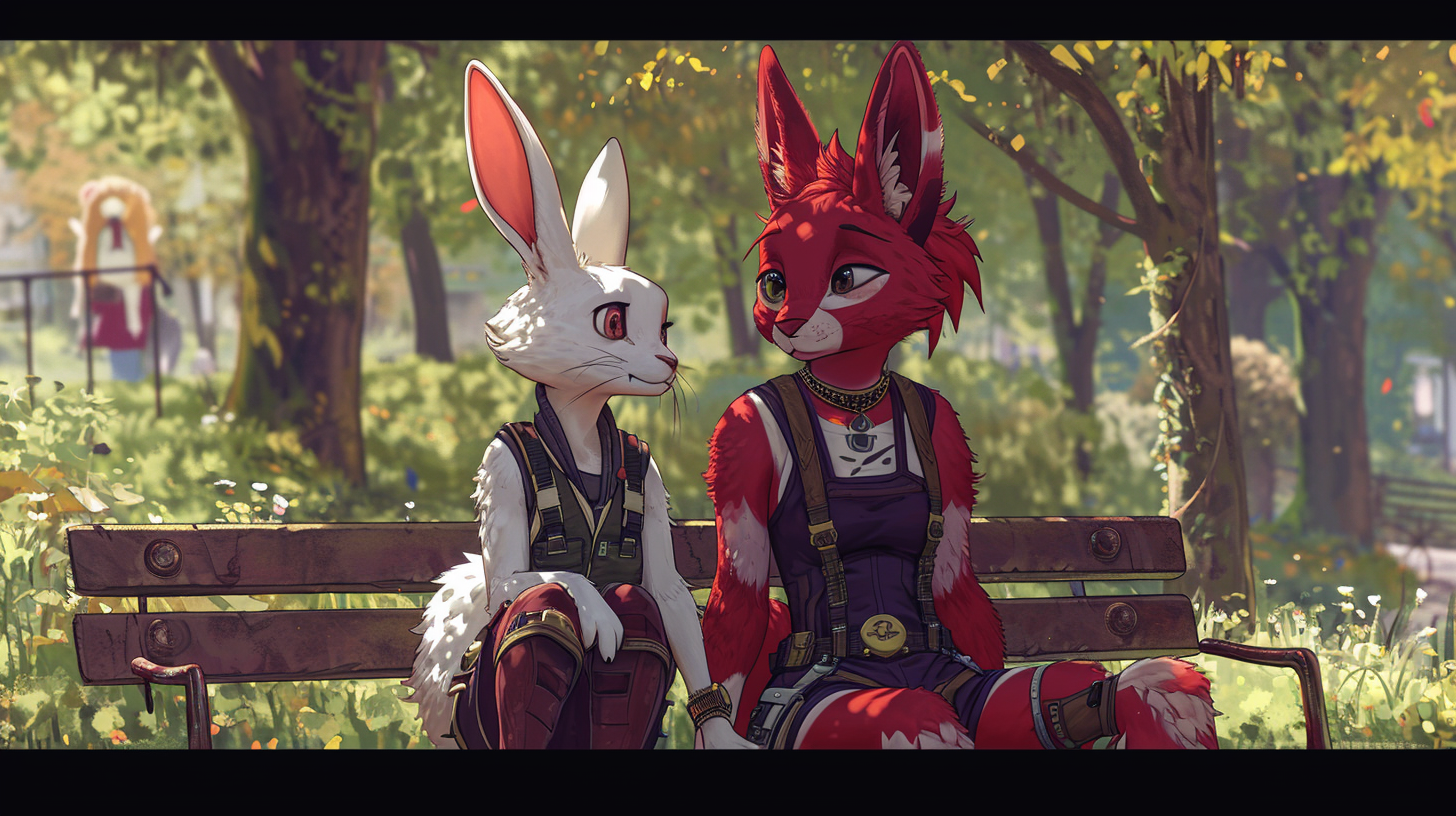 Cute anthropomorphic furry friends in the park