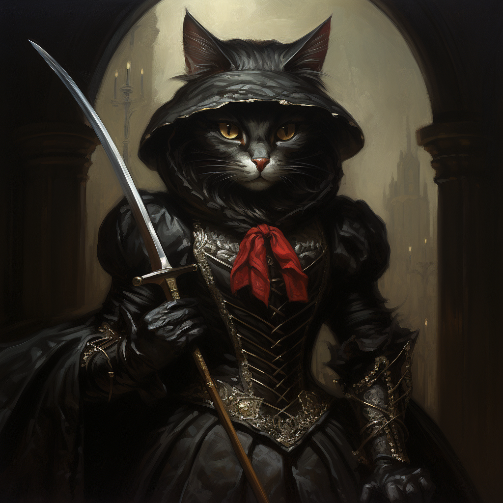 Female black cat with dagger