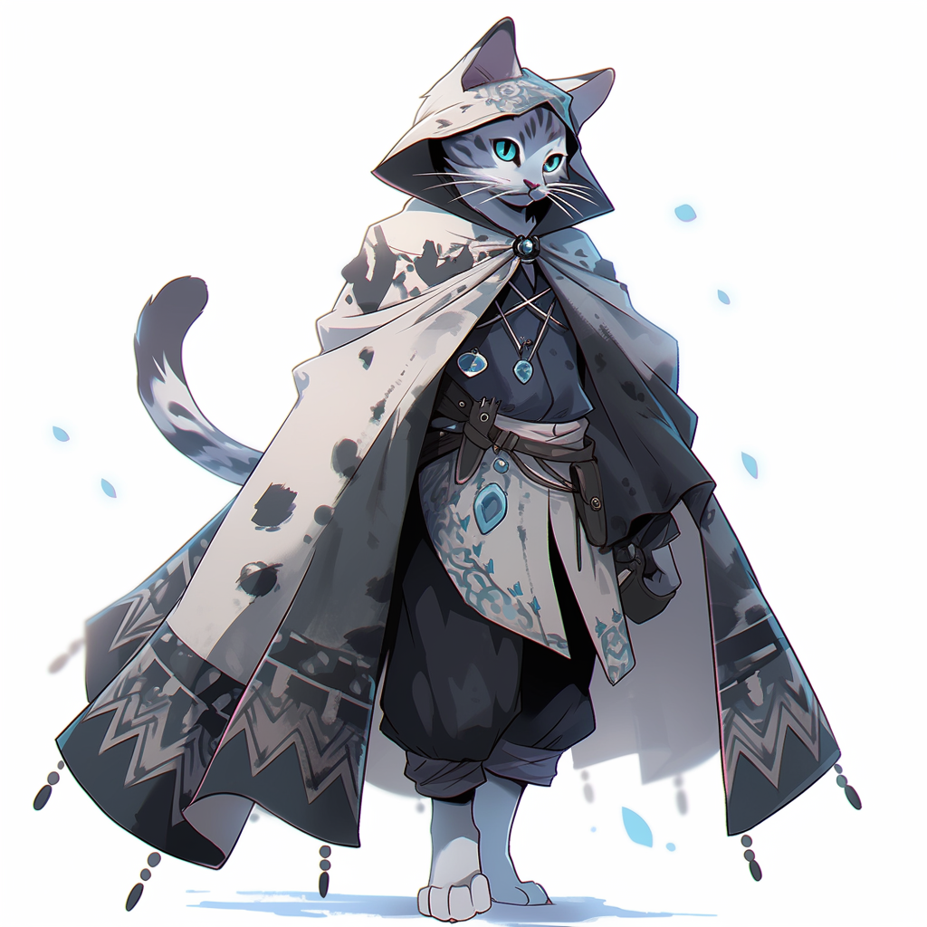 Anthropomorphic cat wearing a blue and purple cloak