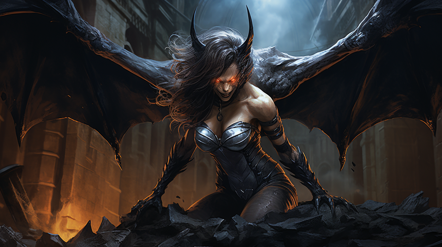 Dark and intimidating chupacabra woman with bat wings