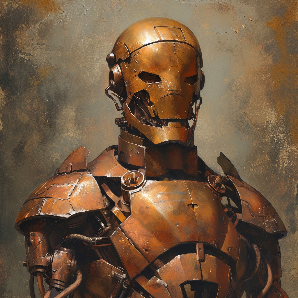 Copper-armored anthropomorphic droid in artwork