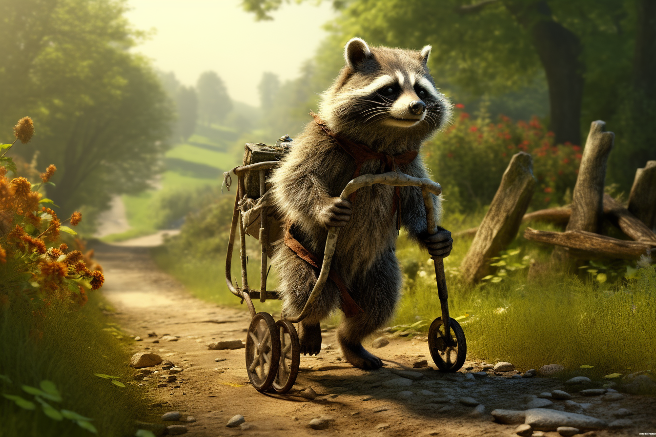 Anthropomorphic elderly raccoon using walker on a country lane