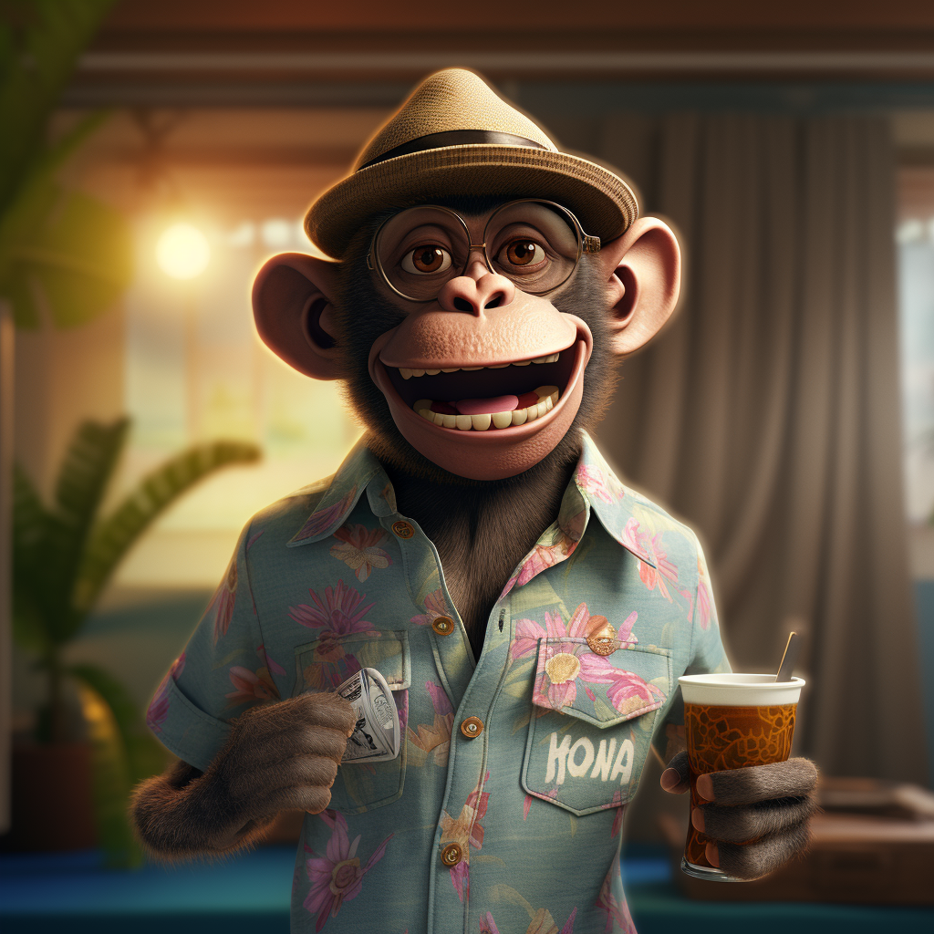 Monkey with Sly Expression in Tropical Shirt and Sailor Hat