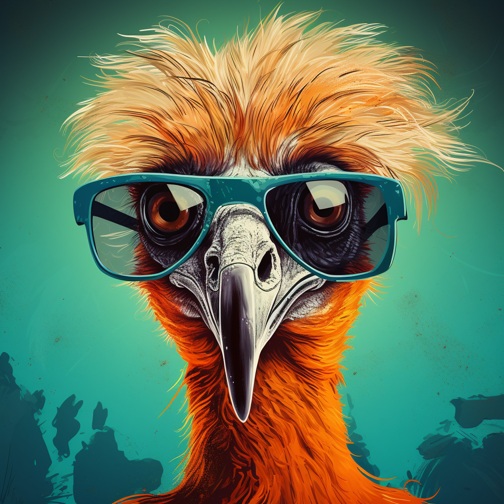 Humorous ostrich with sunglasses on reality show