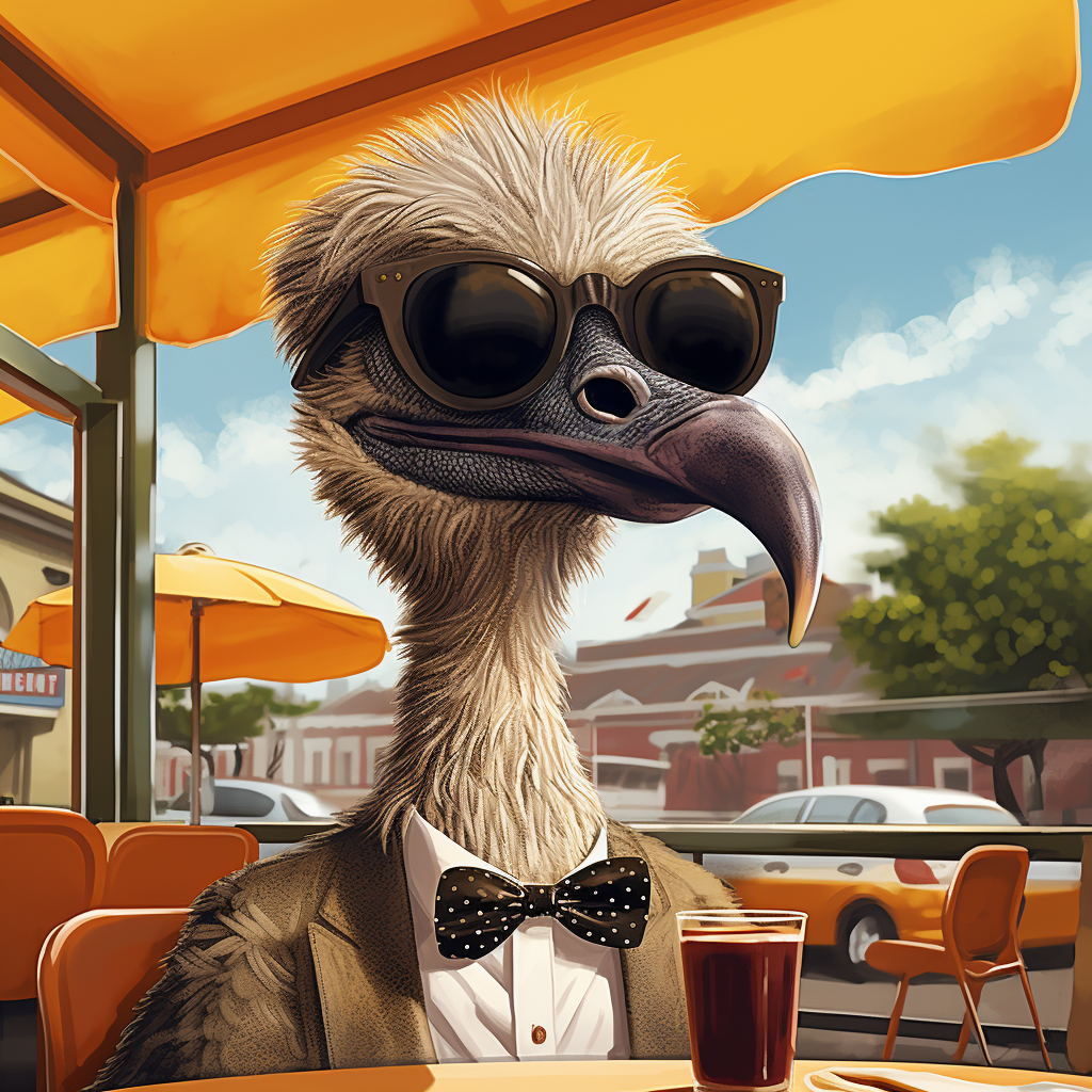 Humorous ostrich with sunglasses talks to restaurant