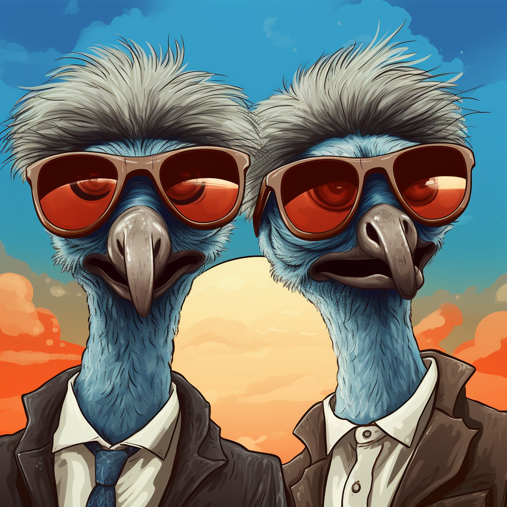 Two cool ostriches with sunglasses and cygarettes