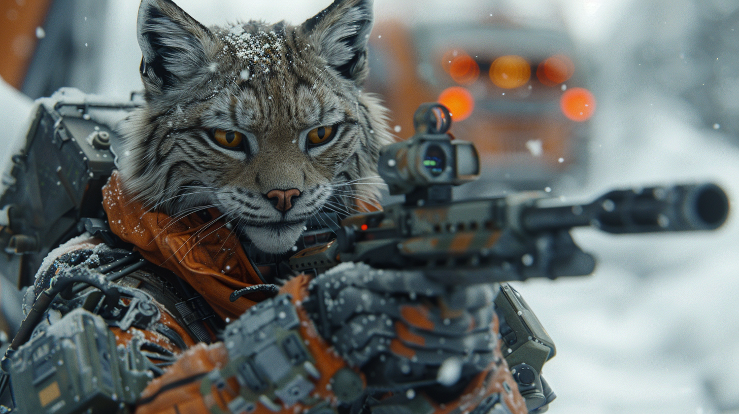 Snow lynx with cyberpunk armor