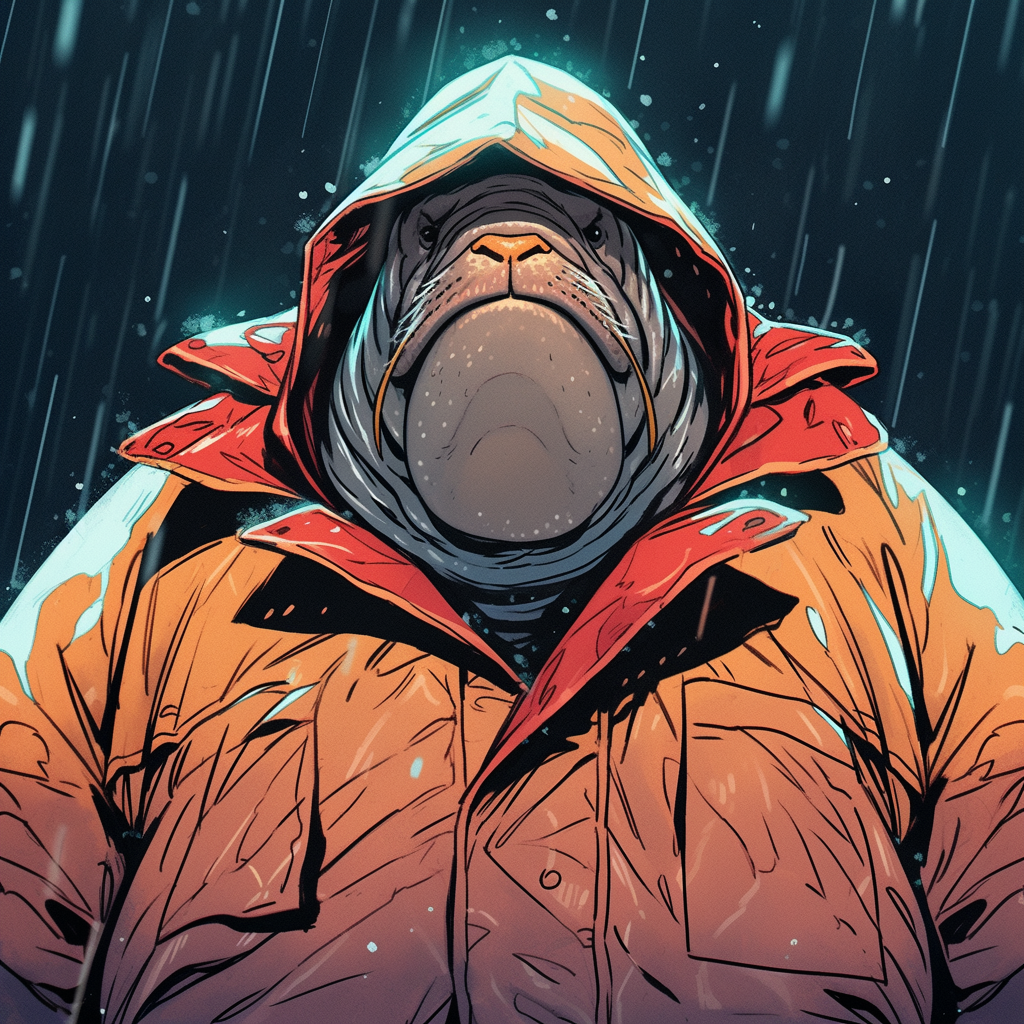 Anthropomorphic walrus in heavy rain