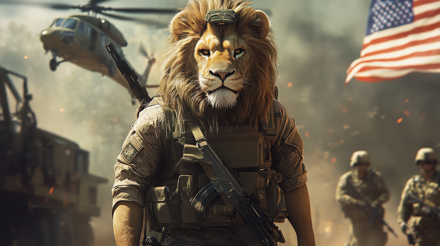 Lion in realistic military attire