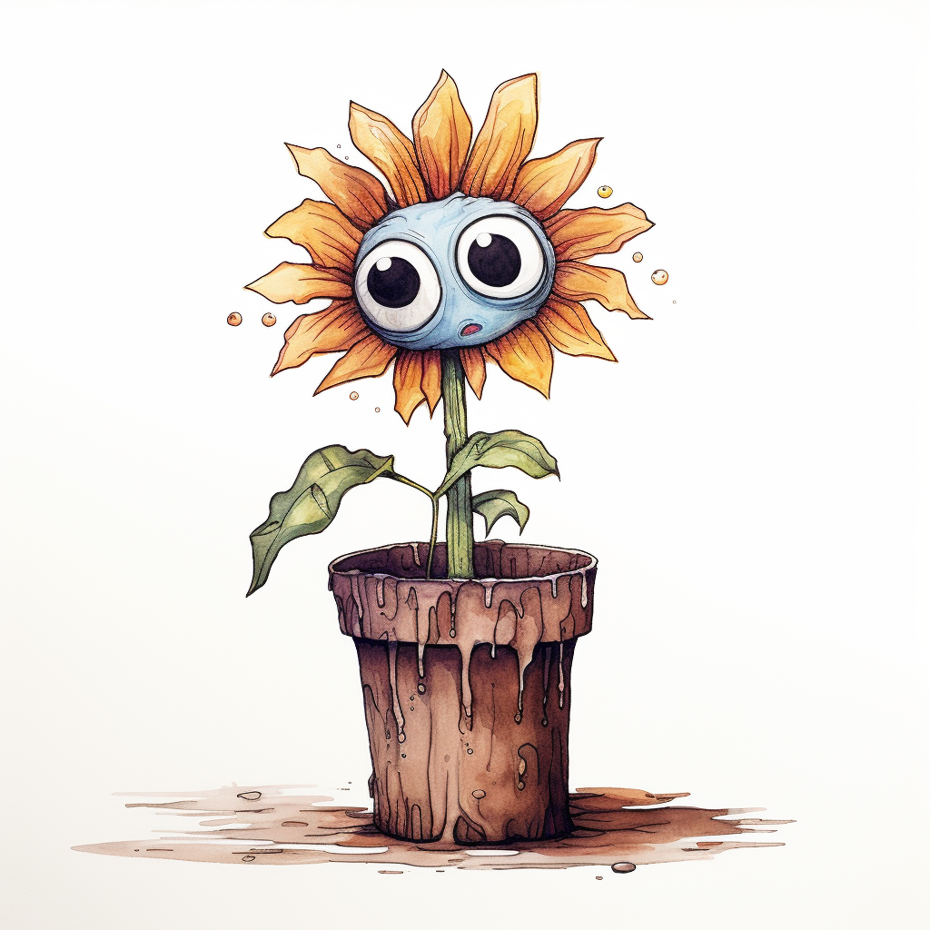 Anthropomorphic sad flower pot with wilting flower