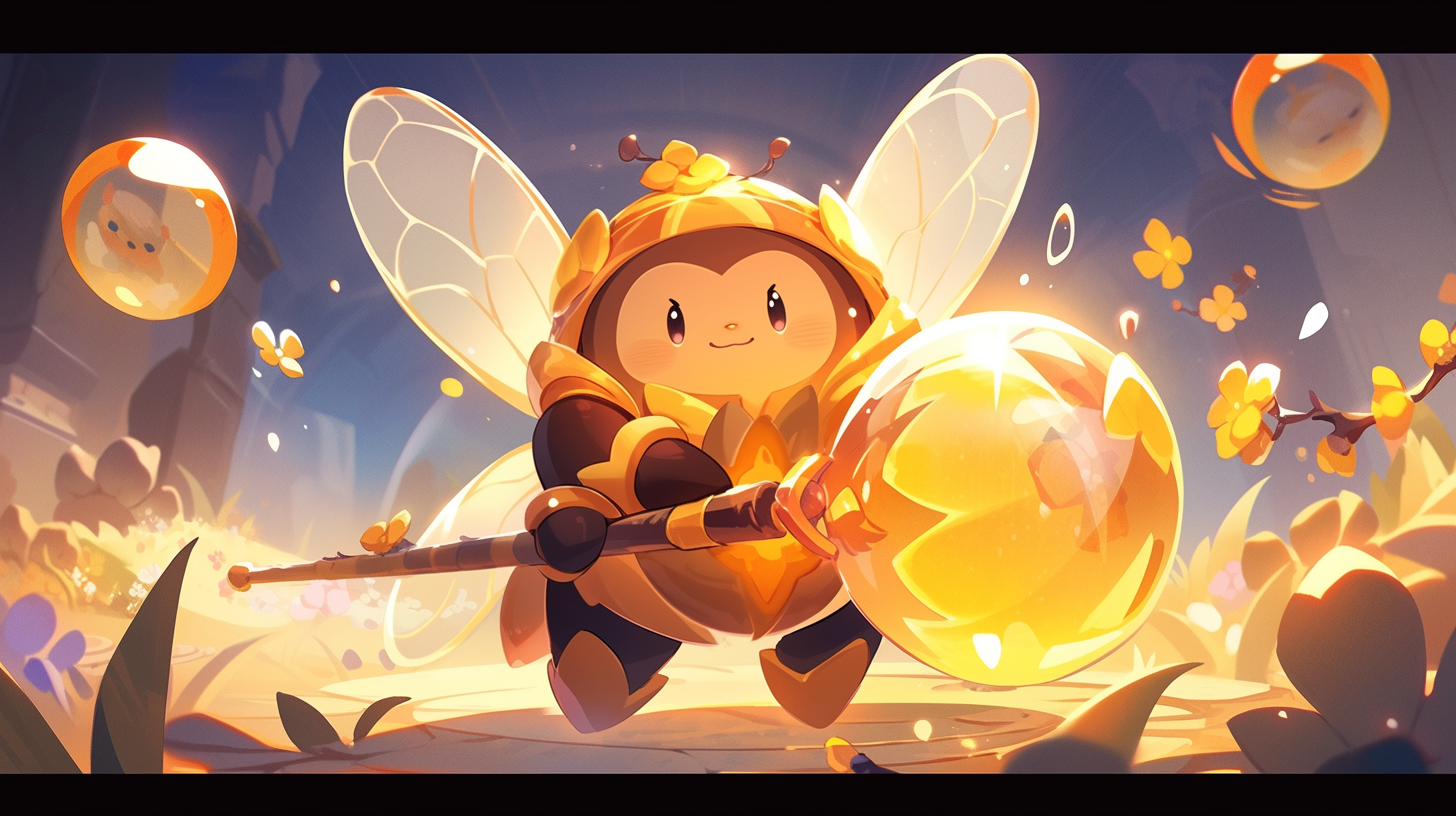 Cheerful honey bee character with glowing sword and shield bubble