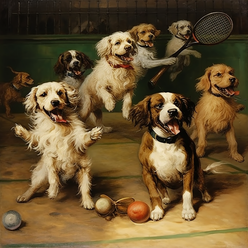 Dogs playing tennis on a court