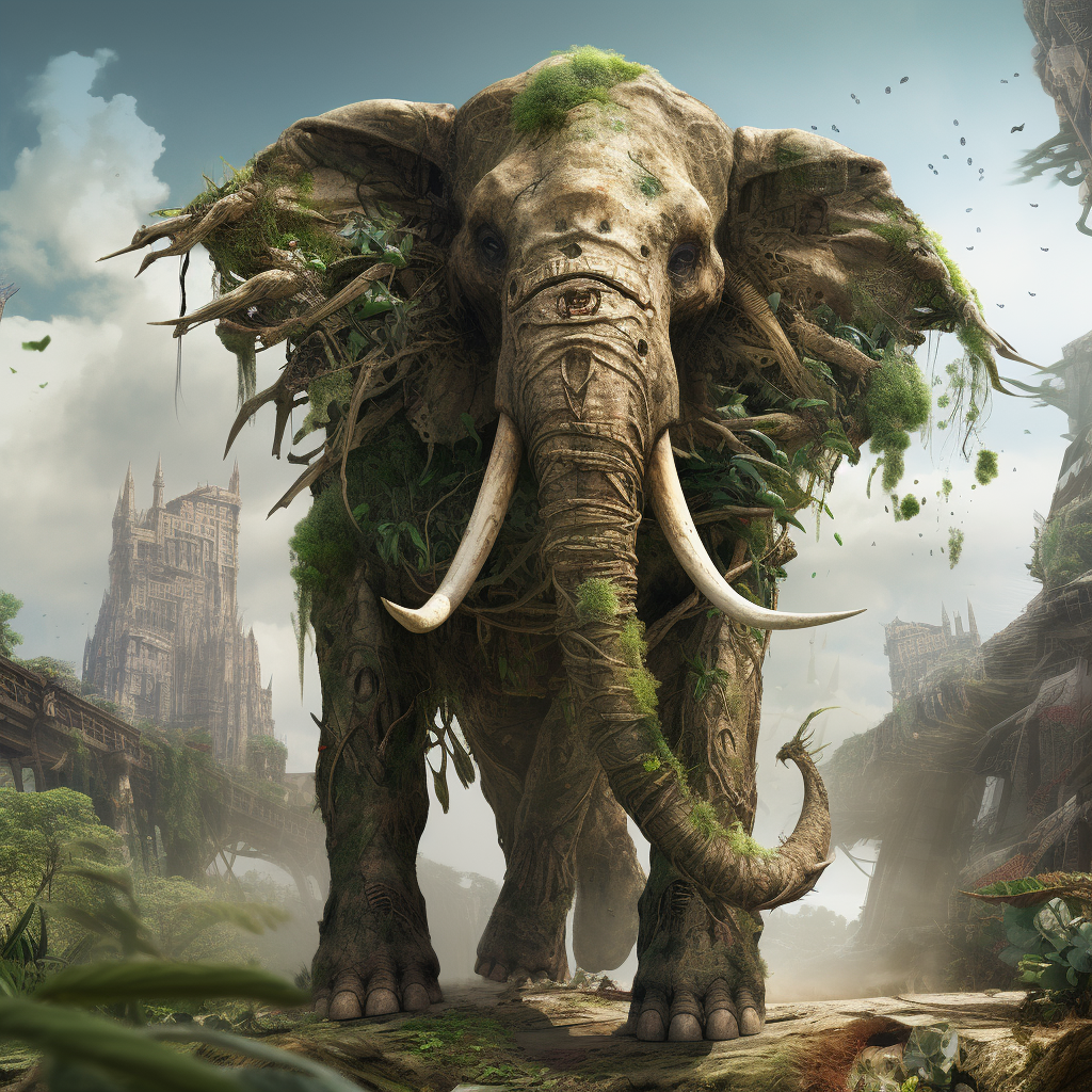 Anthropomorphous elephant destroying city with nature powers