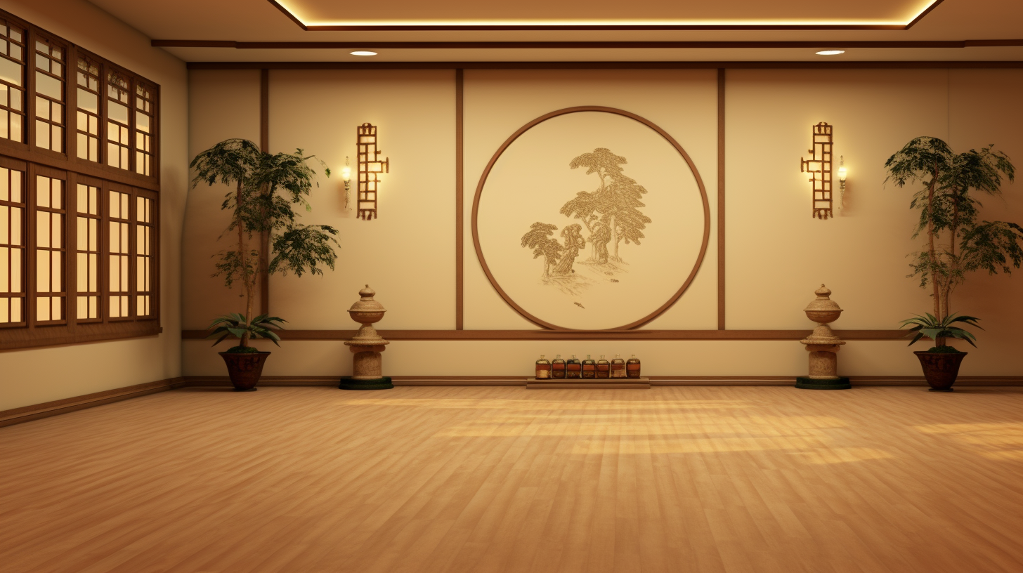 Elderly Tai Chi Trainer in Antique Beige Classroom