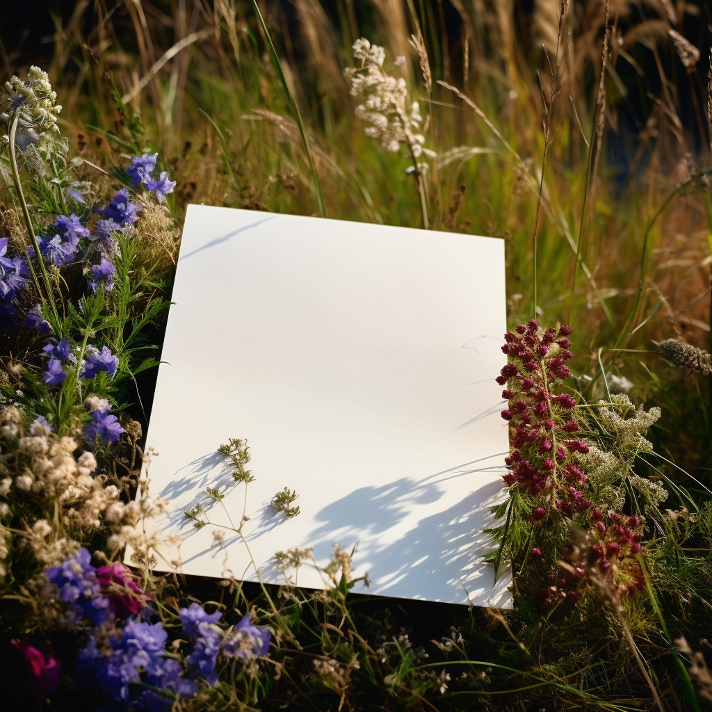 Antique blank paper in field with wildflowers