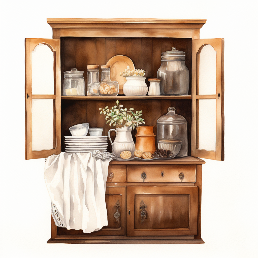 Watercolor depiction of an antique brown hutch