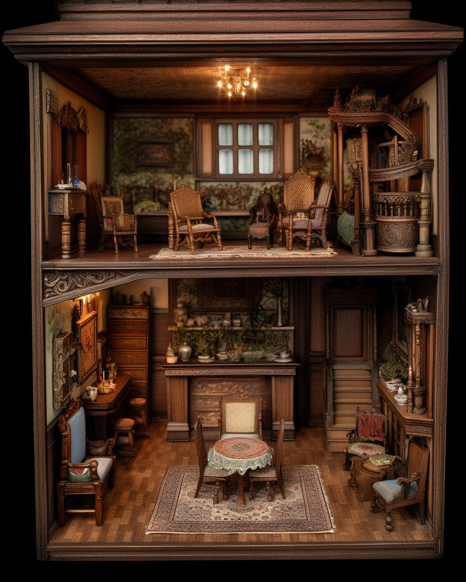 Detailed interior of antique doll house